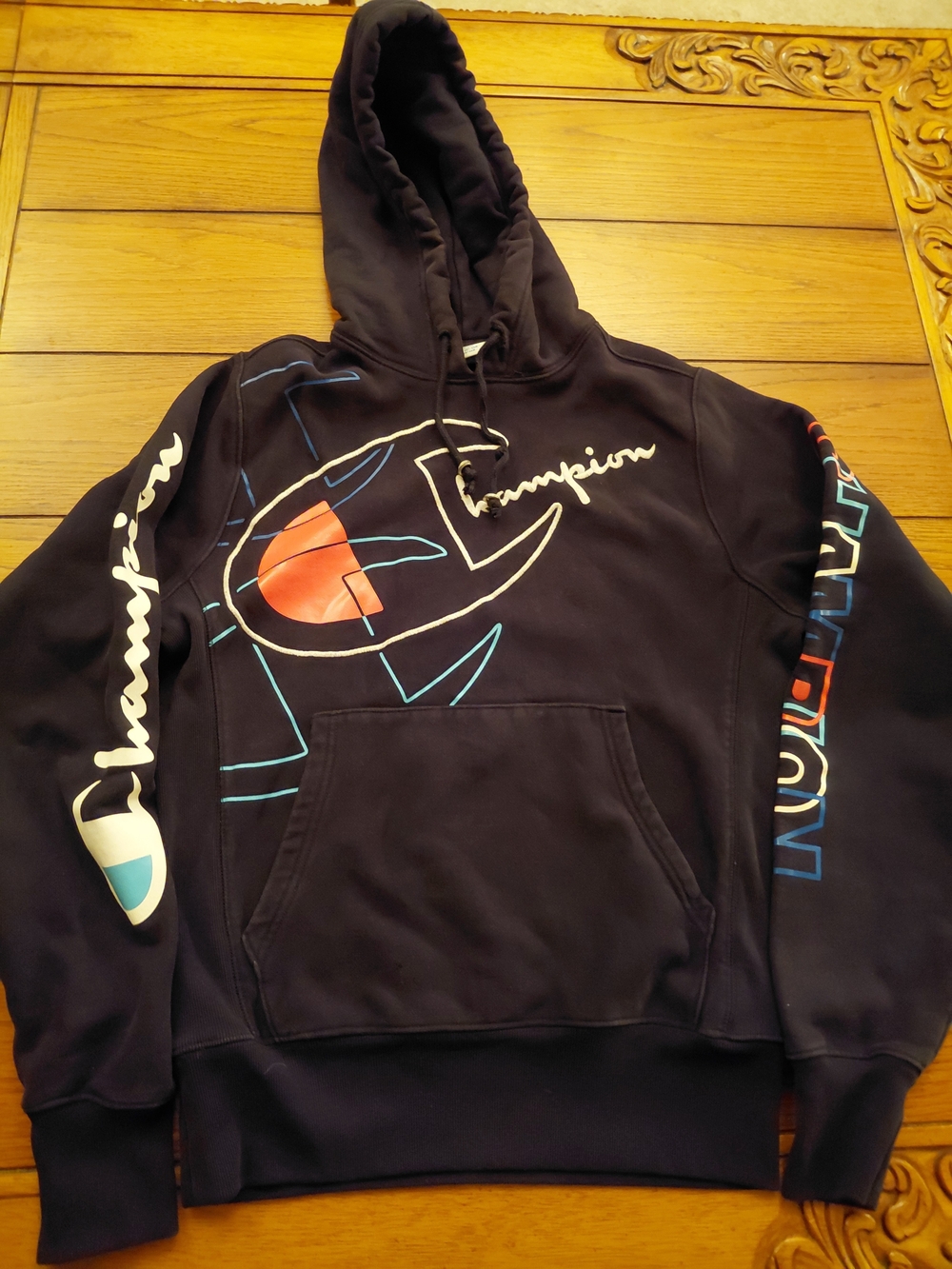 Champion Black Pullover Hoodie with Multicolor Logo
